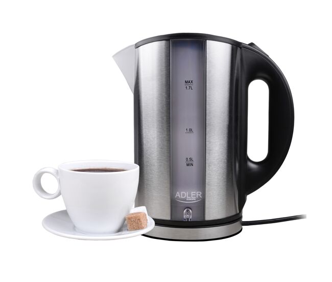 Adler ad 1216 jarro eléctrica 1,7 l, chaleira eléctrica, aço inoxidável sem bpa, sem fios, elemento de aquecimento oculto, 2200, prata