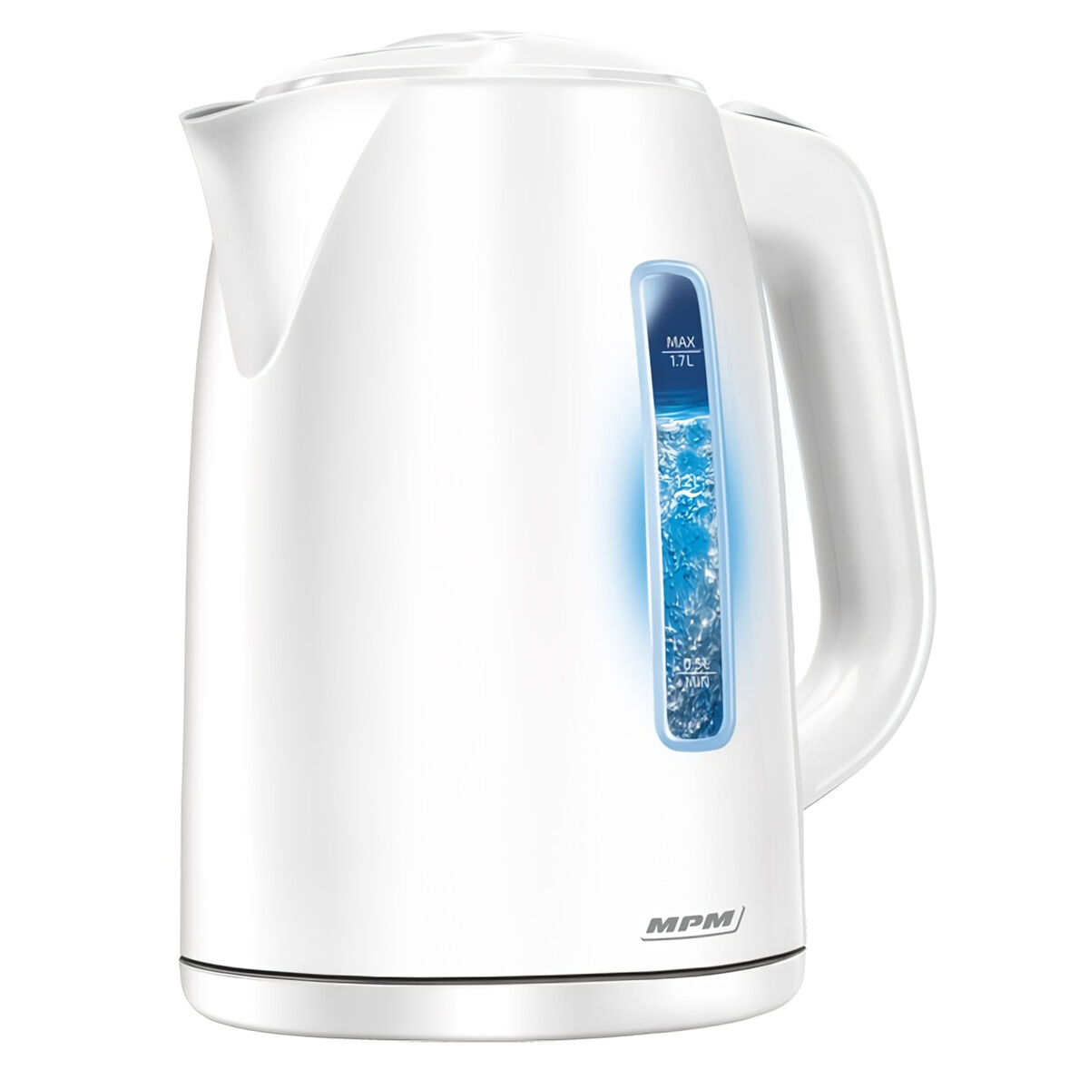 Mpm mcz-66 jarro elétrico, 1.7l, chaleira eléctrica, sem fios, elemento de aquecimento oculto, desligar automático, iluminado, base 360, 2200, branco