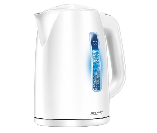 Mpm mcz-66 jarro elétrico, 1.7l, chaleira eléctrica, sem fios, elemento de aquecimento oculto, desligar automático, iluminado, base 360, 2200, branco