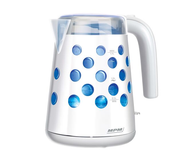 Mpm mcz-86 jarro elétrico 1,7 l, chaleira eléctrica, sem bpa, sem fios, interior iluminado, elemento de aquecimento oculto, 2200, branco