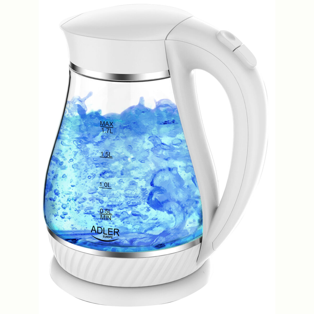 Adler ad 1274w chaleira eléctrica em vidro 1,7 l, interior iluminado, sem fios desligamento automático, 2200, branco