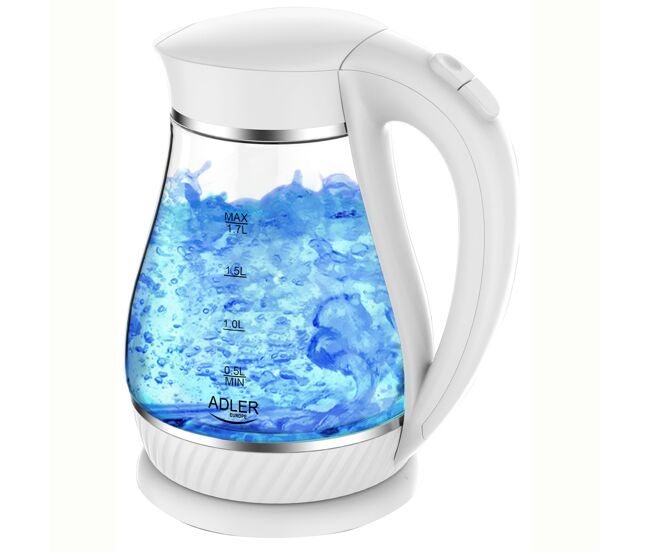 Adler ad 1274w chaleira eléctrica em vidro 1,7 l, interior iluminado, sem fios desligamento automático, 2200, branco