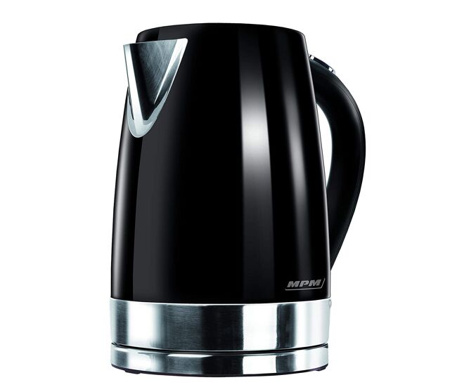 Mpm mcz-58/c jarro elétrico 1,7 l, chaleira eléctrica, aço inoxidável sem bpa, sem fios, elemento de aquecimento oculto, 2200, preto