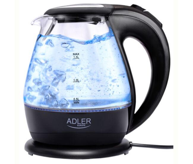 Adler ad 1224 chaleira eléctrica em vidro 1,5 l, interior iluminado, sem fios desligamento automático, 2200, preto