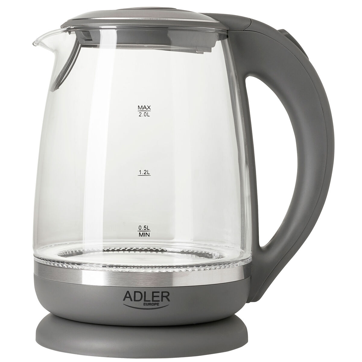 Adler ad1286 chaleira eléctrica em vidro 2 l, interior iluminado, sem fios desligamento automático, 2200, cinza