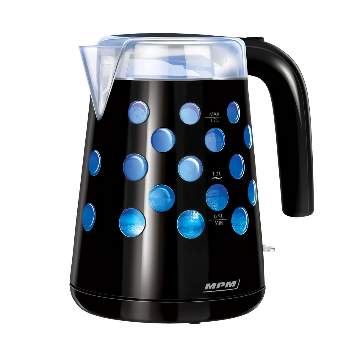 Mpm mcz-86 jarro elétrico 1,7 l, chaleira eléctrica, sem bpa, sem fios, interior iluminado, elemento de aquecimento oculto, 2200, preto