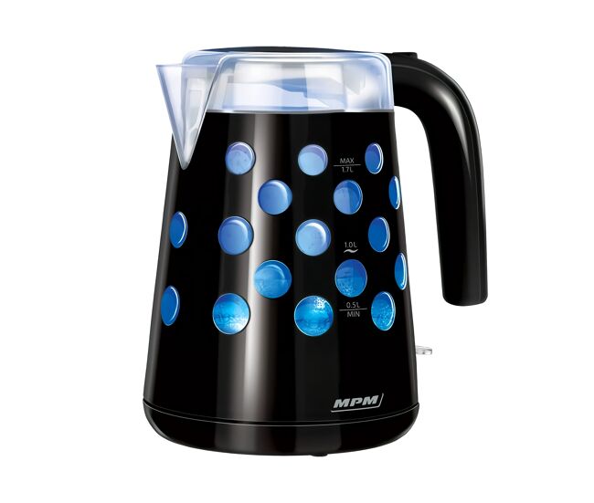 Mpm mcz-86 jarro elétrico 1,7 l, chaleira eléctrica, sem bpa, sem fios, interior iluminado, elemento de aquecimento oculto, 2200, preto