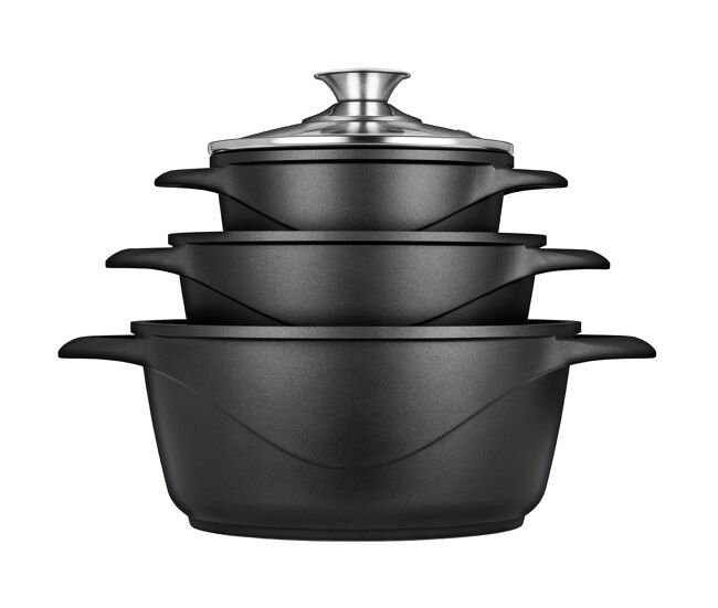 Briebe mgk-18 trem de cozinha indução 6 peças, alumínio fundido, 3 panelas con tampa de vidro, antiaderente, , noir