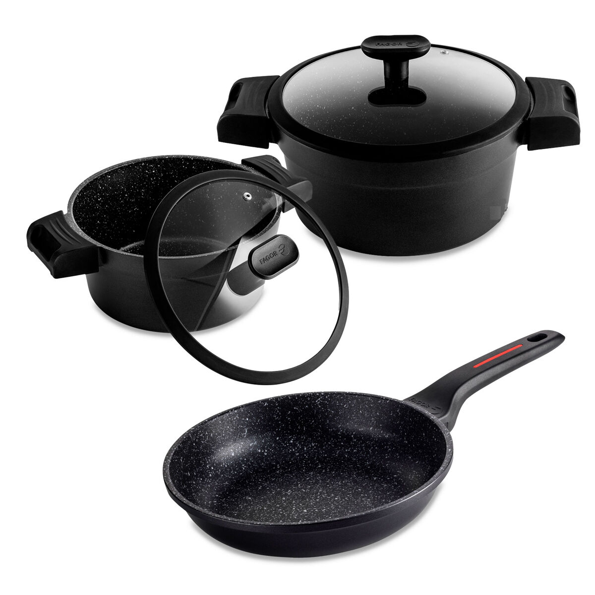 Fagor alutherm trem de cozinha indução de 5 peças em alumínio antiaderente 2 panelas, 1 frigideira, 2 tampas, , preto