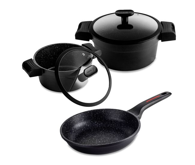 Fagor alutherm trem de cozinha indução de 5 peças em alumínio antiaderente 2 panelas, 1 frigideira, 2 tampas, , preto