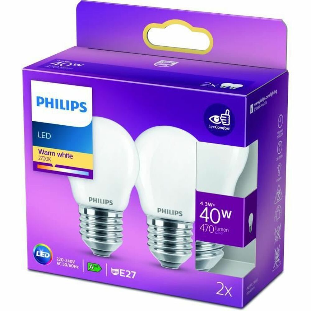 Lâmpada led esférica philips vela y lustre 40 w 2 unidades f (2700k)