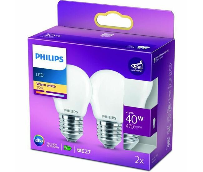 Lâmpada led esférica philips vela y lustre 40 w 2 unidades f (2700k)