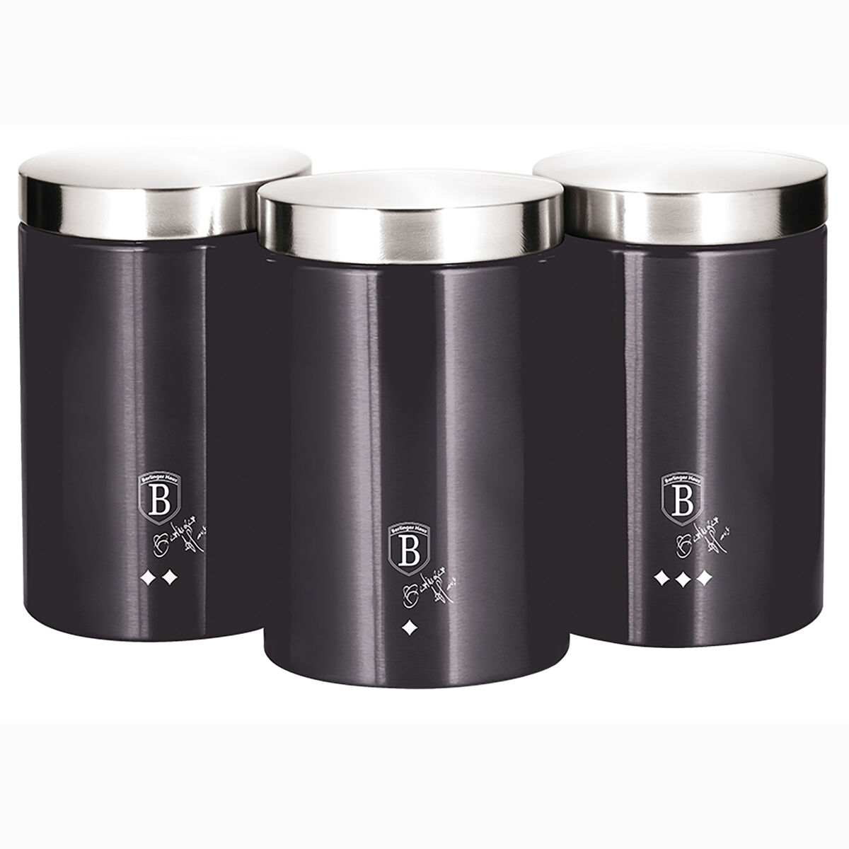 Berlinger haus carbon pro 3 boiões de armazenamento de cozinha aço inoxidável, ø11 x 17,8 cm, especiarias, chá ,café, , cinzento escuro / inox