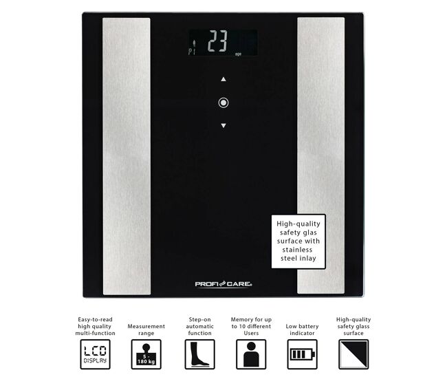 Proficare pw 3007 balança digital banho analise corporal peso 8 funções, superficie em vidro, , noir