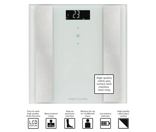 Proficare pw 3007 balança digital banho analise corporal peso 8 funções, superficie em vidro, , blanc