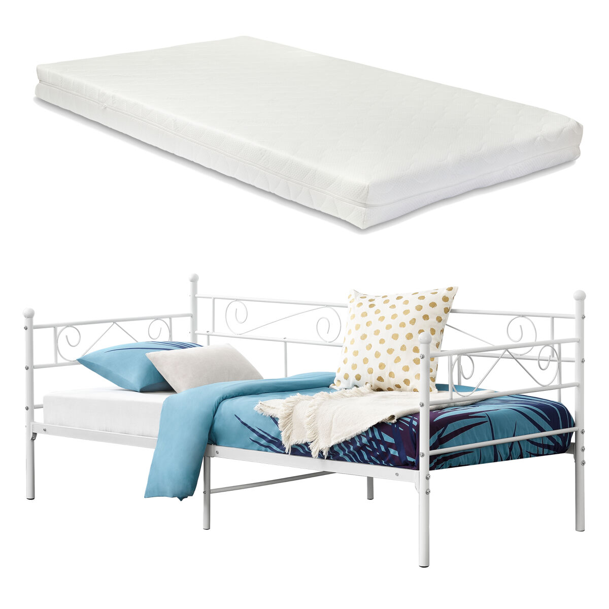 Cama individual kreava com apoio de cabeça e pés para e colchão metálico 90x200 cm- branco [en.casa]