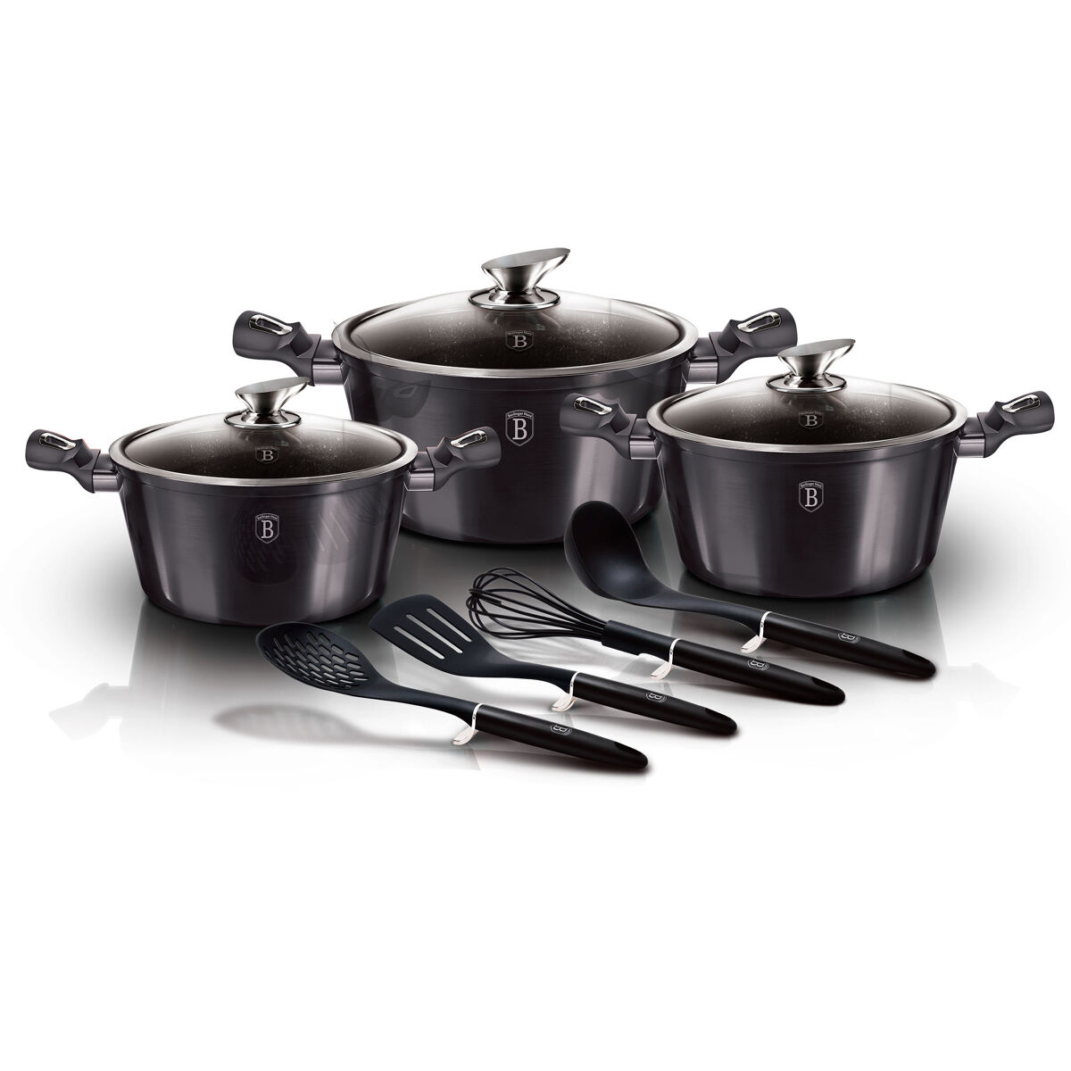 Berlinger haus carbon pro trem de cozinha indução de 10 peças em alumínio antiaderente 3 panelas, 3 tampas, 4 utensílios de cozinha, , cinza
