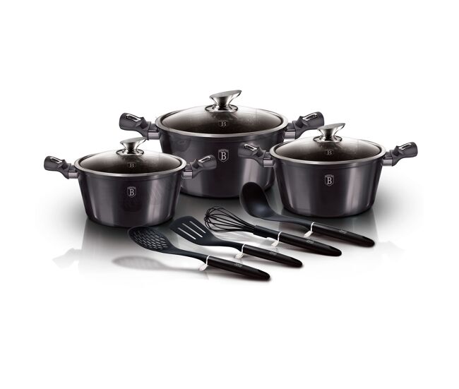 Berlinger haus carbon pro trem de cozinha indução de 10 peças em alumínio antiaderente 3 panelas, 3 tampas, 4 utensílios de cozinha, , cinza