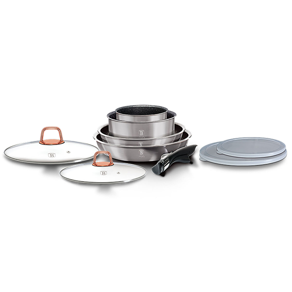 Berlinger haus moonlight trem de cozinha de indução 9 peças, pega amovível, alumínio antiaderente set panelas e frigideiras, , gris