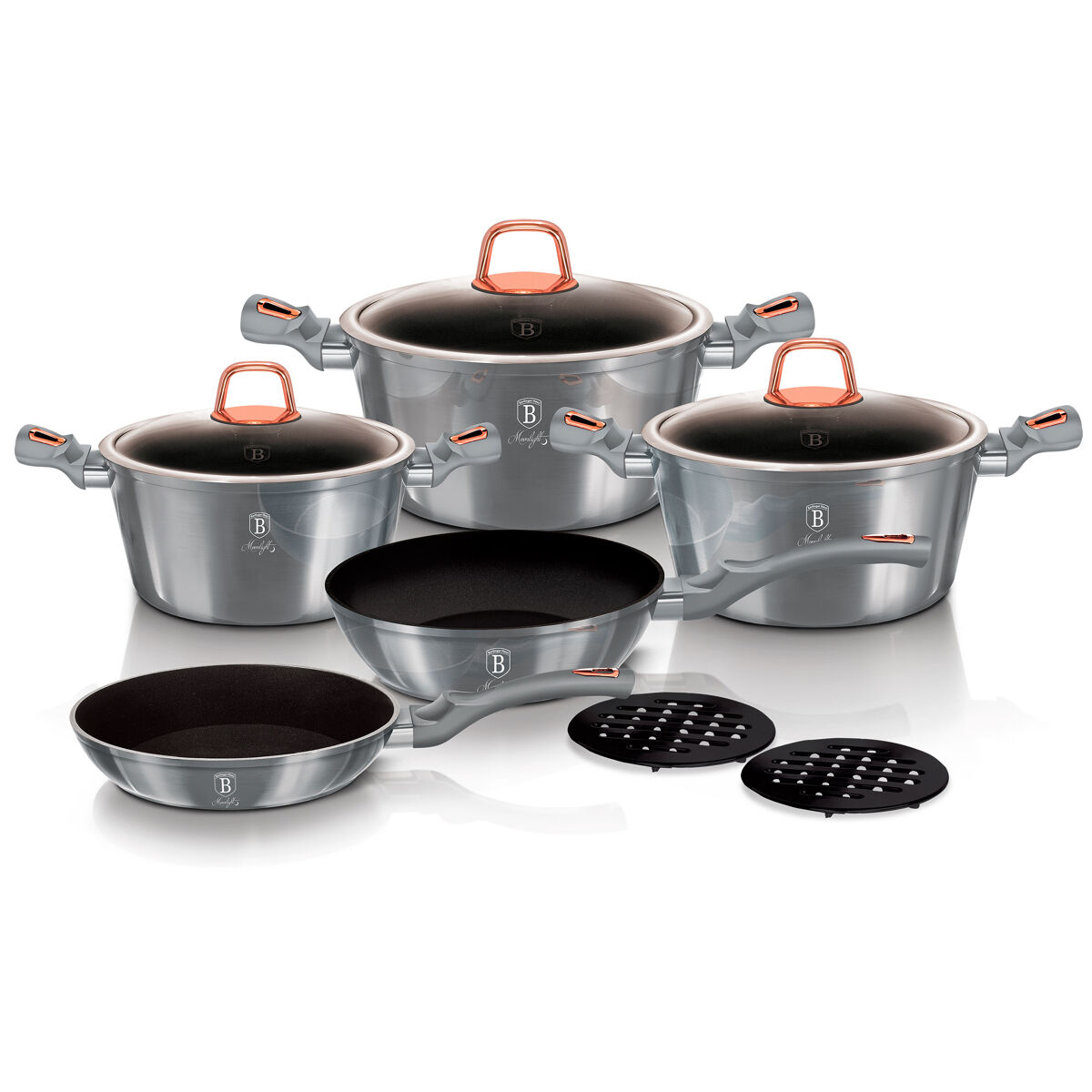 Berlinger haus moonlight trem de cozinha indução de 10 peças em alumínio antiaderente 3 panelas, 2 frigideiras, 3 tampas, , cinza