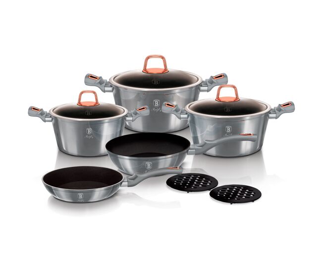 Berlinger haus moonlight trem de cozinha indução de 10 peças em alumínio antiaderente 3 panelas, 2 frigideiras, 3 tampas, , cinza