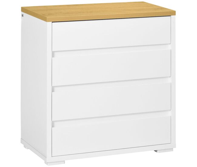 Homcom cómoda moderna com 4 gavetas cómoda de madeira para dormitório sala de estar carga máxima 40 kg 70x37x75 cm blanc e madeira