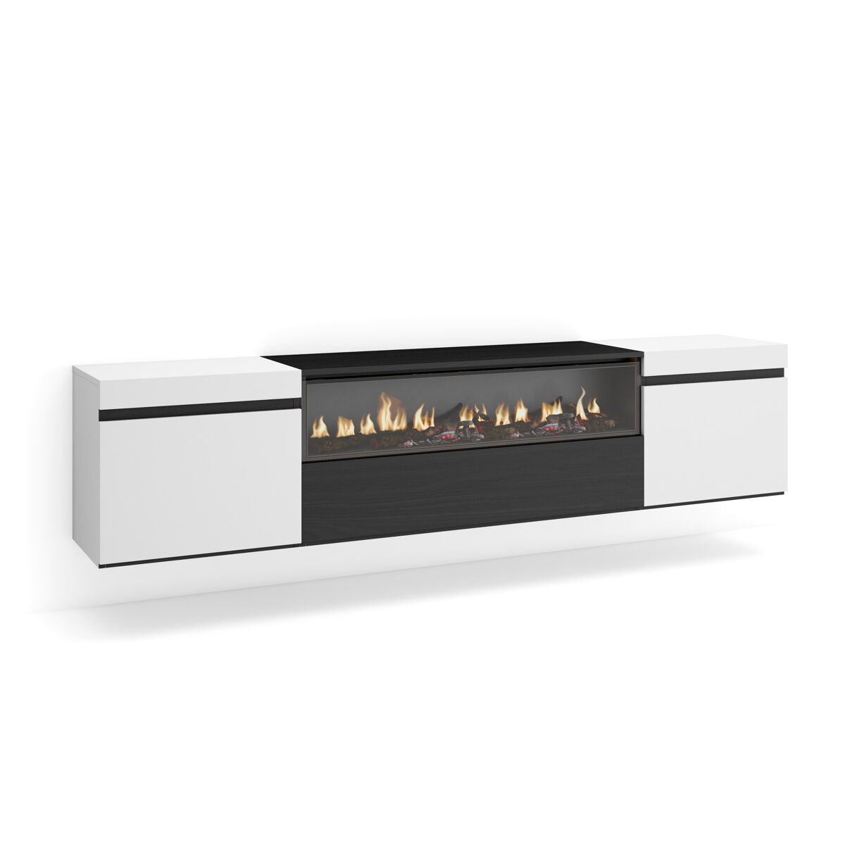 Móvel de tv, muito espaço de arrumação, 200x35x45cm, para televisores até 80", lareira eléctrica, suspensos, estilo moderno, branco e preto