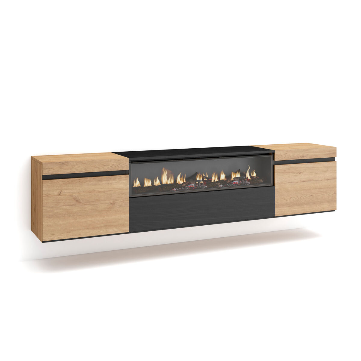 Móvel de tv, muito espaço de arrumação, 200x35x45cm, para televisores até 80", lareira électrique, suspensos, estilo moderno, carvalho e noir