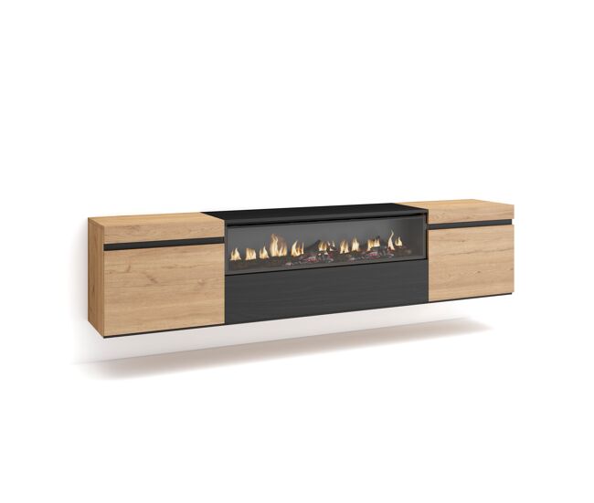 Móvel de tv, muito espaço de arrumação, 200x35x45cm, para televisores até 80", lareira électrique, suspensos, estilo moderno, carvalho e noir