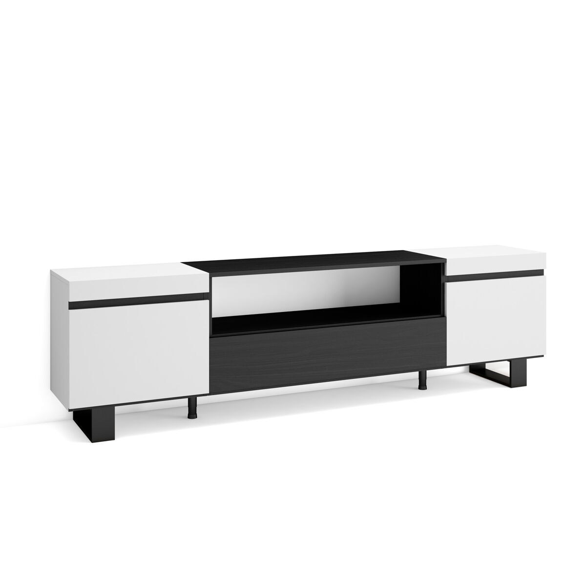 Móvel de tv, muito espaço de arrumação, 200x57x35cm, para televisores até 80", design industrial, estilo moderno, branco e preto