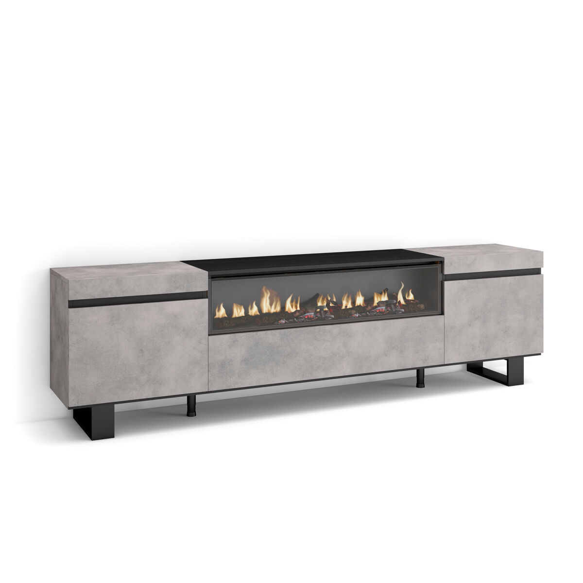 Móvel de tv, muito espaço de arrumação, 200x57x35cm, para televisores até 80", lareira eléctrica, design industrial, estilo moderno, cimento