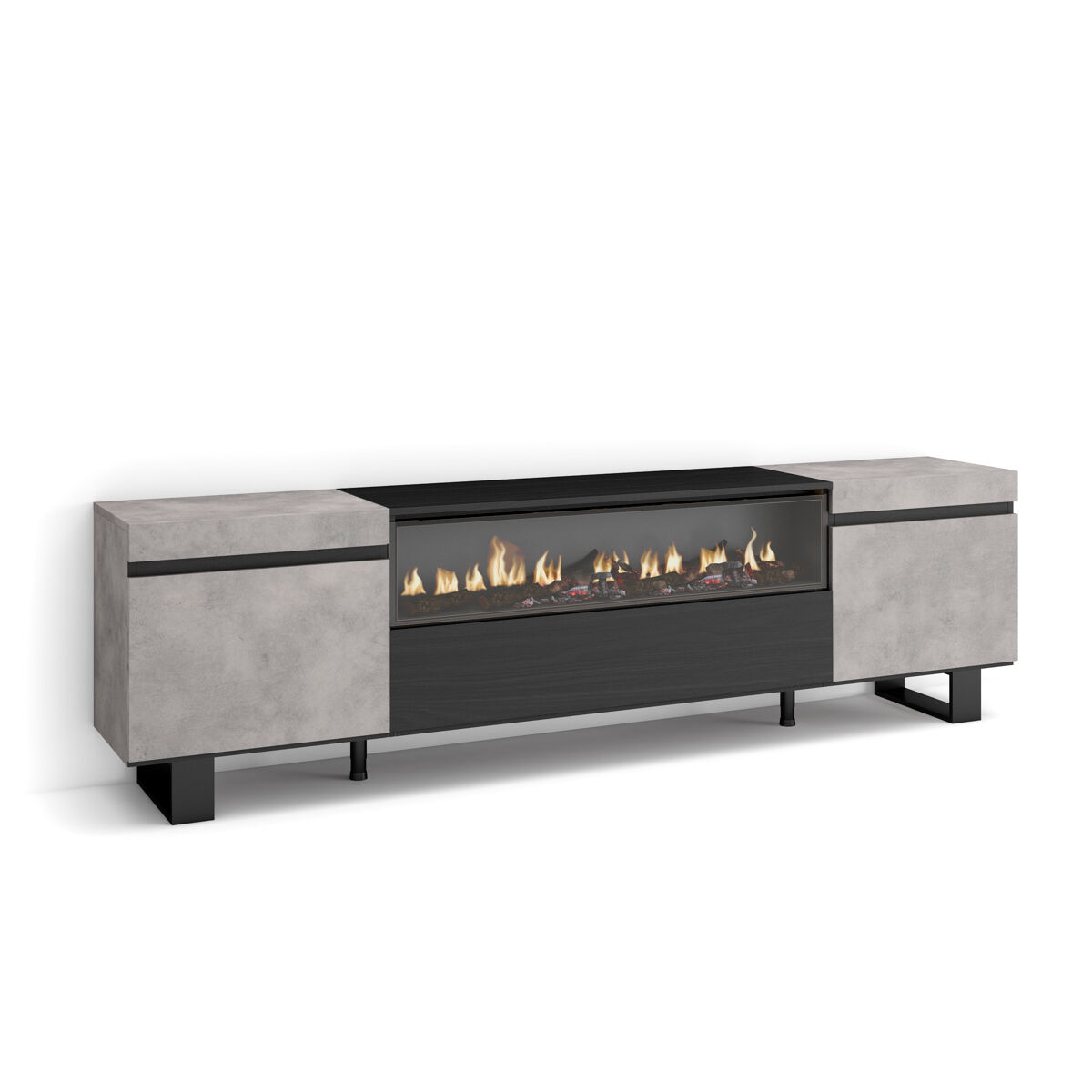 Móvel de tv, muito espaço de arrumação, 200x57x35cm, para televisores até 80", lareira eléctrica, design industrial, estilo moderno, cimento