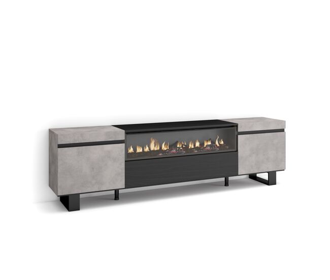 Móvel de tv, muito espaço de arrumação, 200x57x35cm, para televisores até 80", lareira eléctrica, design industrial, estilo moderno, cimento