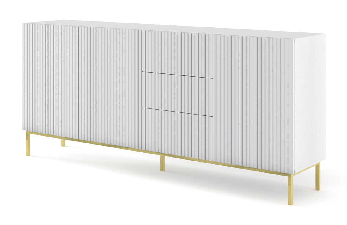 Cómoda ravennab três armários e três gavetas 200x42x89cm cor branco, pernas douradas