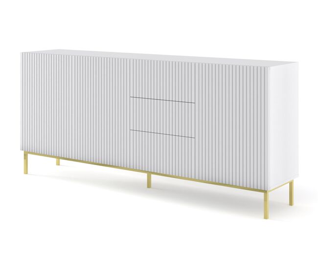 Cómoda ravennab três armários e três gavetas 200x42x89cm cor branco, pernas douradas