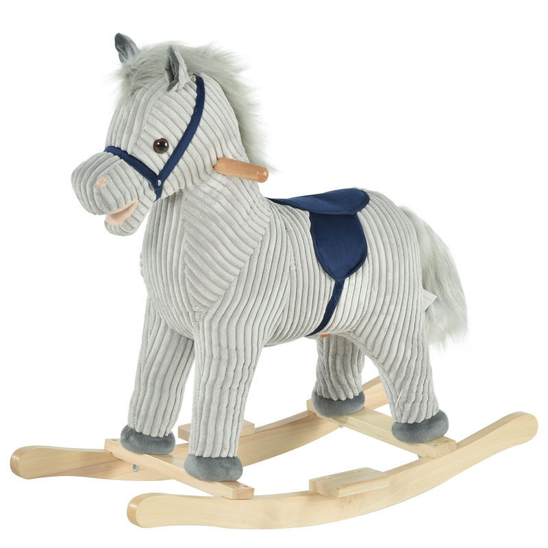 Homcom baloiço infantil de cavalo para crianças acima de 3 anos baloiço de pelúcia com sons de relinchos e galopes e base de madeira 73x35x64cm azul e