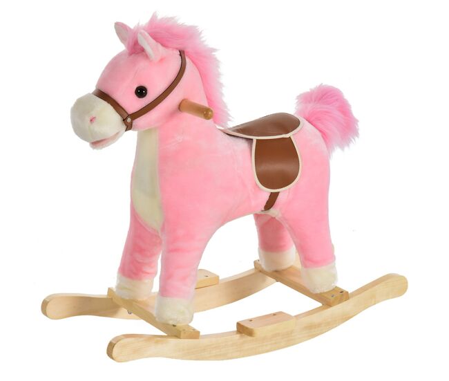 Homcom cavalinho de baloiço para bebés 36 a 72 meses brinquedo de baloiço em pelúcia macia com música sons de relinchar sons de galopar boca e