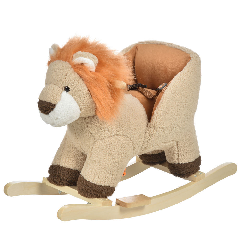 Homcom cadeira de baloiço em forma de leão em peluche para bebés 18-36 meses com cinto de segurança sonoro guiador e apoio para os pés 68x35x50 cm
