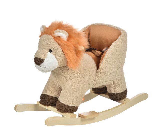 Homcom cadeira de baloiço em forma de leão em peluche para bebés 18-36 meses com cinto de segurança sonoro guiador e apoio para os pés 68x35x50 cm castanho