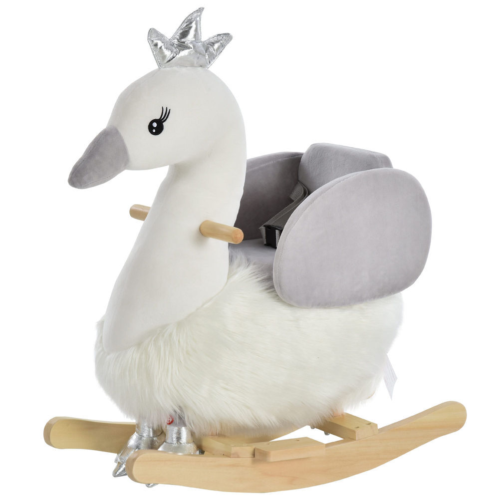 Homcom cavalo baloiço para bebés acima de 18 meses com forma de cisnei com sons apoio para os pés e cinto de segurança 60x33x59 cm branco e cinza