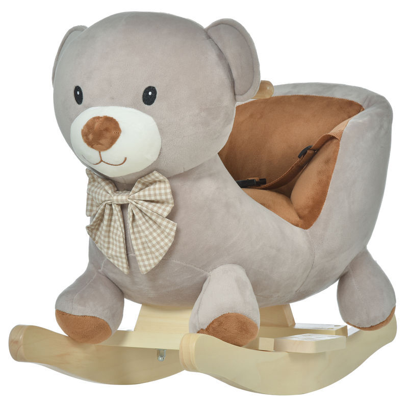 Homcom cavalo de balanço para bebê acima de 18 meses cavalo baloiço de pelúcia macio com forma de urso com guiador e apoio de pés 60x33x50 cm cinza