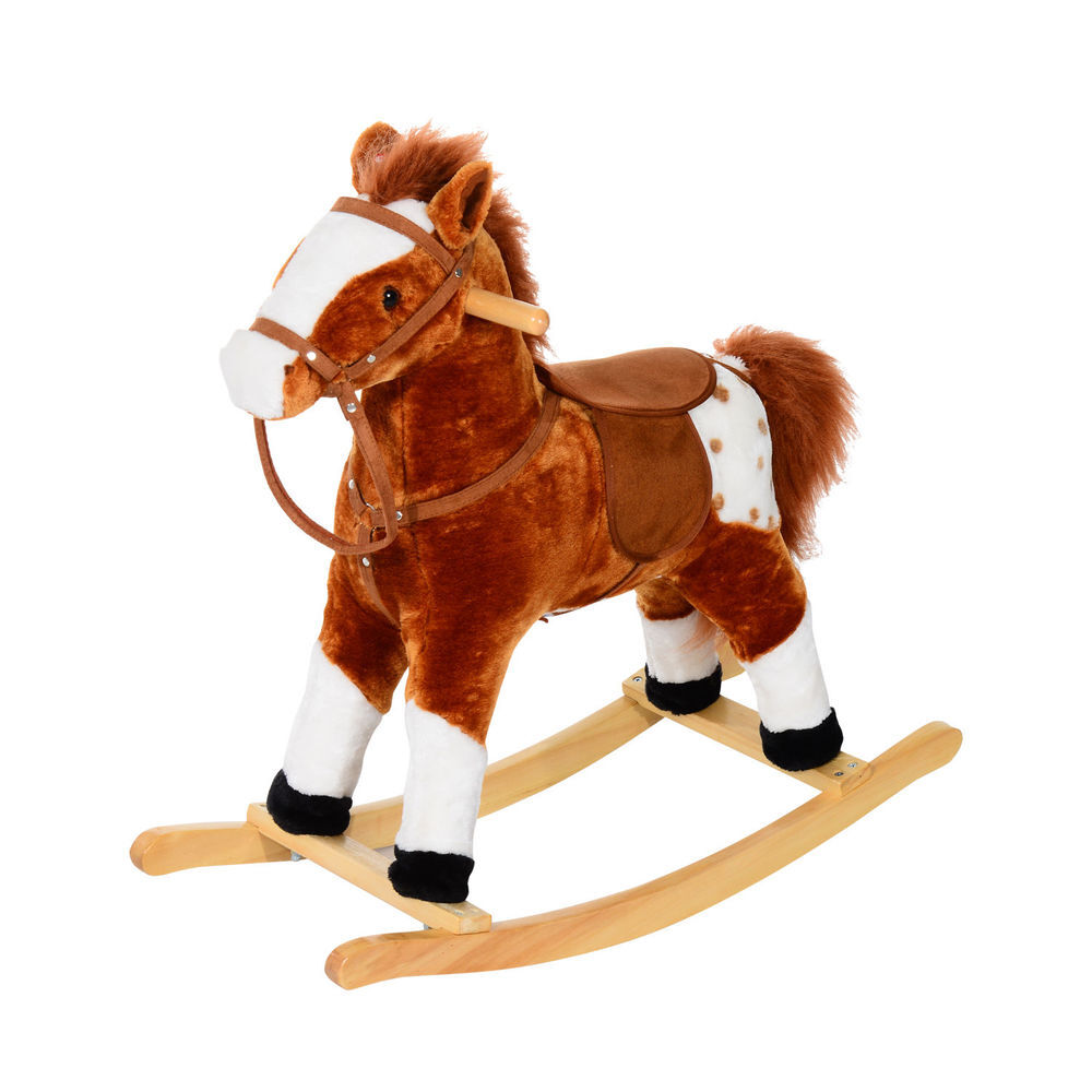 Homcom cavalo baloiço de pelúcia para crianças entre 3-6 anos com sons de relincho 74x28x65 cm marrom