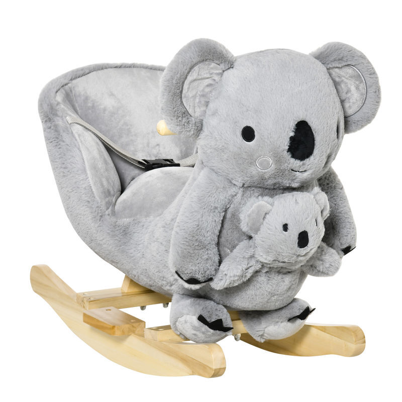Homcom baloiço infantil com forma de coala com fantoche para bebés 18-36 meses com som cinto de segurança e apoio para os pés 60x33x50cm gris
