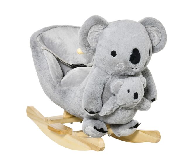 Homcom baloiço infantil com forma de coala com fantoche para bebés 18-36 meses com som cinto de segurança e apoio para os pés 60x33x50cm gris