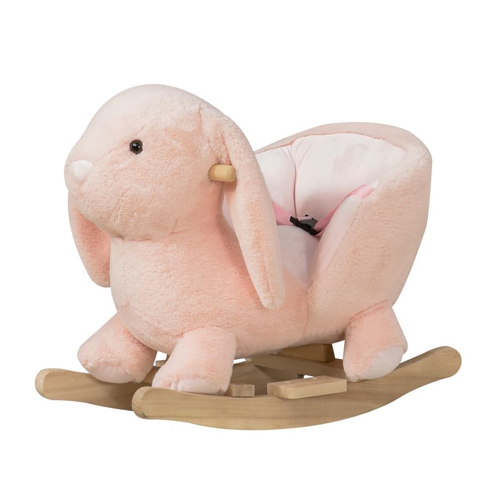 Homcom baloiço infantil com forma de coelho de pelúcia baloiço para bebés 18-36 meses com som cinto de segurança guidão e apoio para os pés 60x33x50cm
