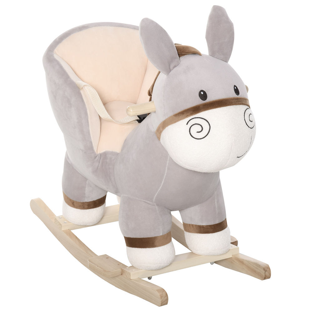 Homcom baloiço infantil em forma de burro de pelúcia para bebés 18-36 meses com som cinto de segurança guidão apoio para os pés 61x34x58 cm cinza