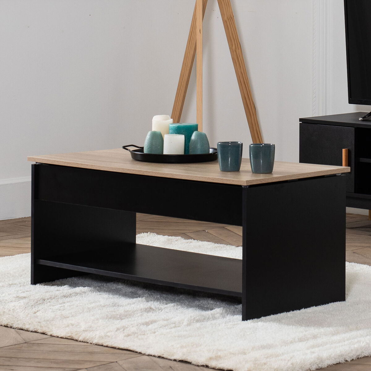 Mesa baja con tapa elevable negra y madera hedda