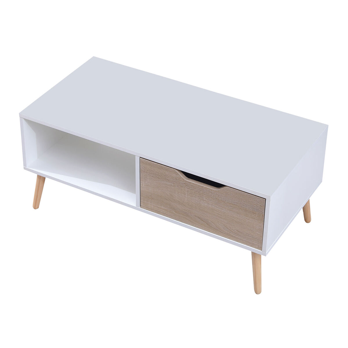 Mesa baja blanca de estilo escandinavo con cajón freja