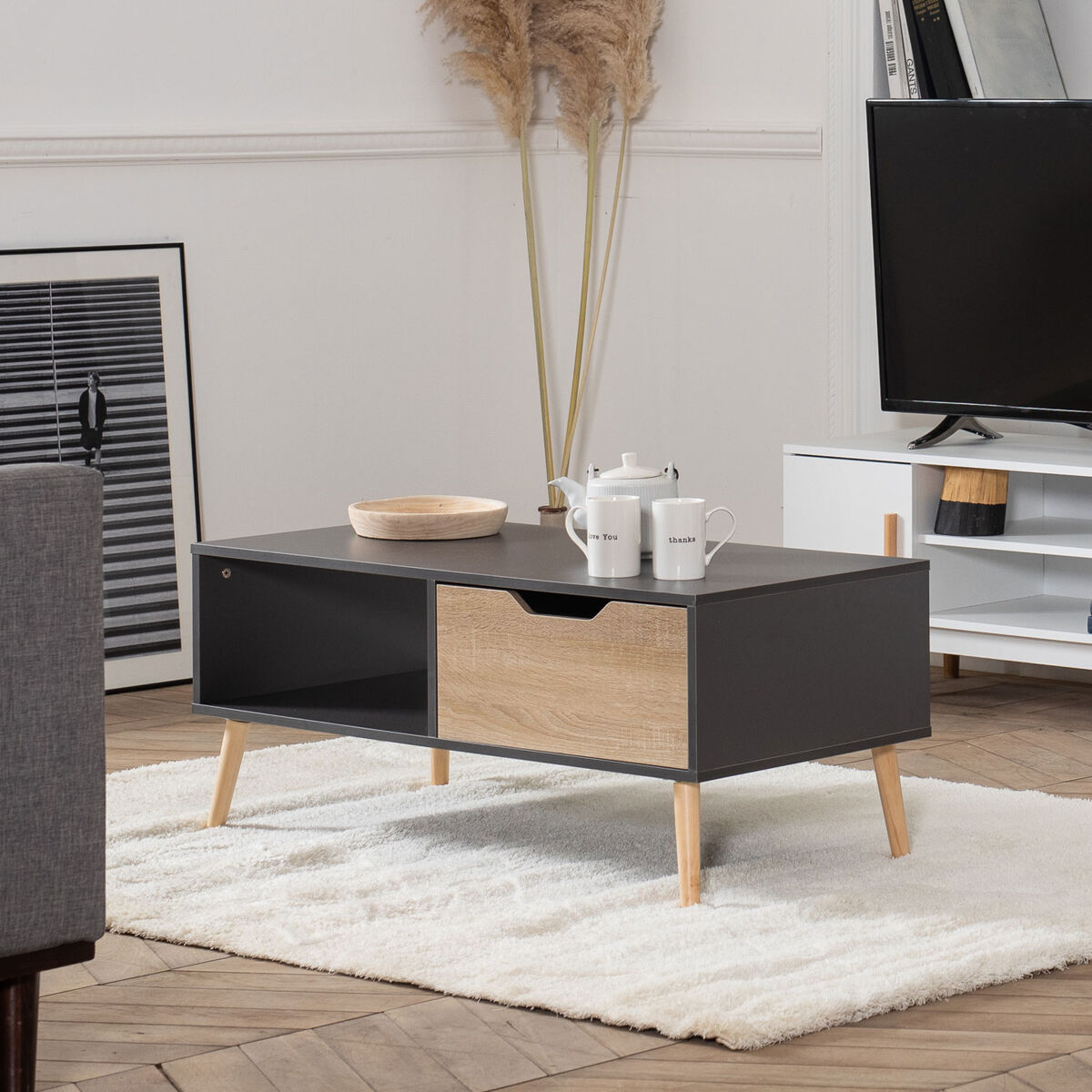 Mesa baja gris de estilo escandinavo con cajón freja