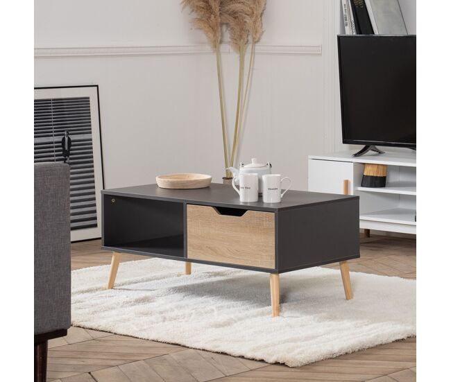 Mesa baja gris de estilo escandinavo con cajón freja